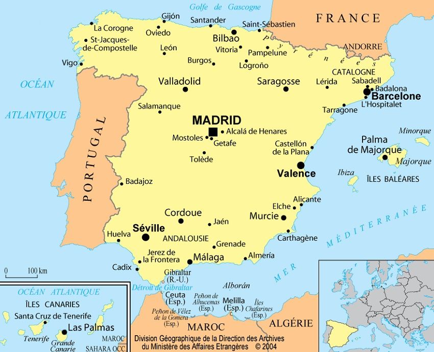 Quel pays est à l’ouest de l’Espagne ?